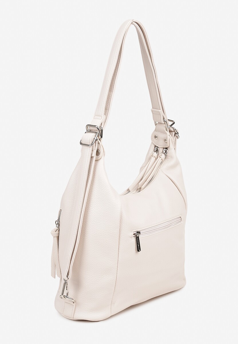 Beżowa Torebka Hobo z Paskiem z Możliwością Regulacji Zdobiona Suwakami Tenina