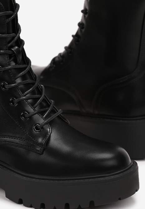 Czarne Botki Workery na Grubej Podeszwie z Suwakiem i Wiązaniem Harleia