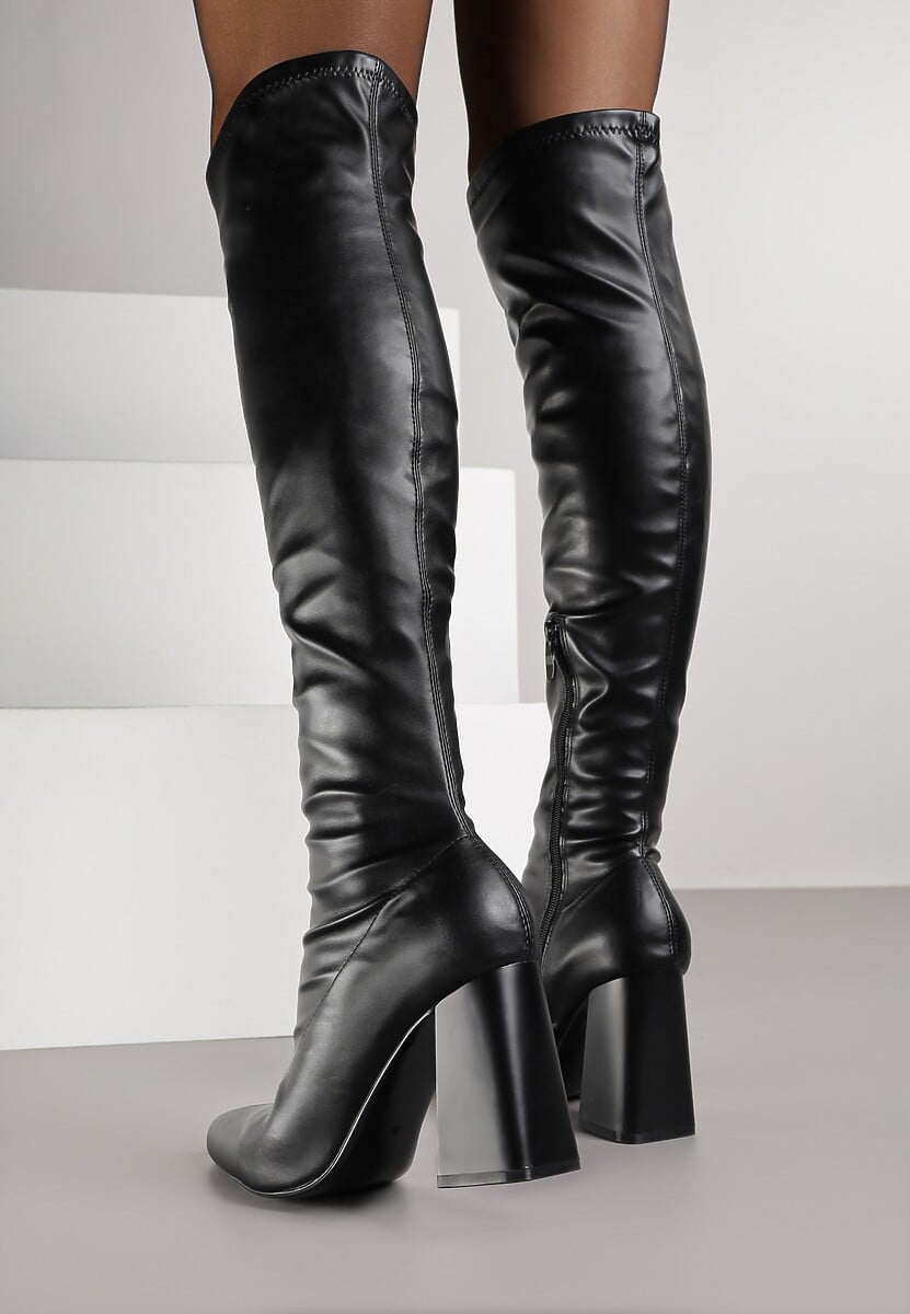 Czarne Dopasowane Kozaki Vices za Kolano na Słupku Todvira