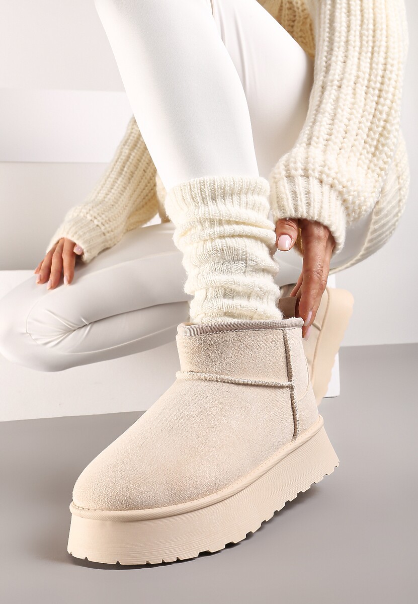 Beżowe Casualowe Śniegowce na Grubej Podeszwie o Krótkim Fasonie Lobaria