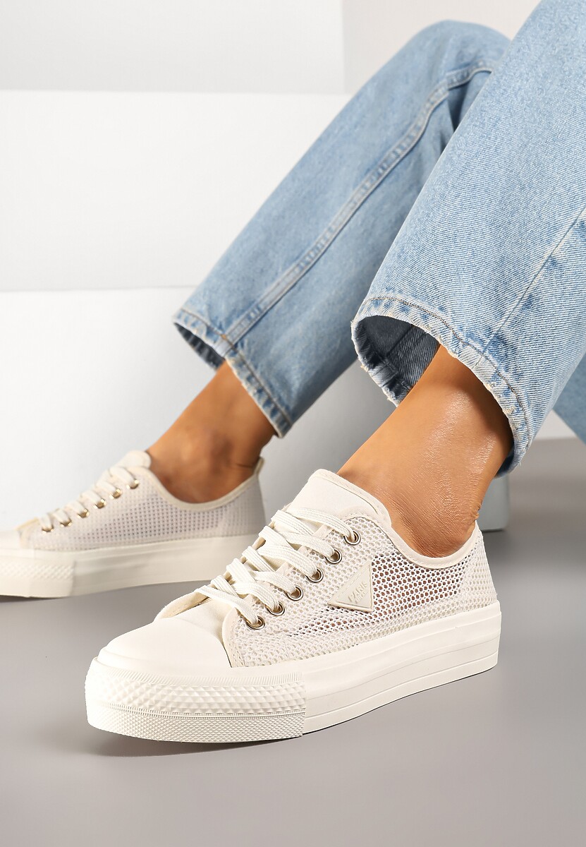 Ciemnobeżowe Trampki pod Kostkę z Siateczkową Cholewką i Geometryczną Ozdobą Ulianissea