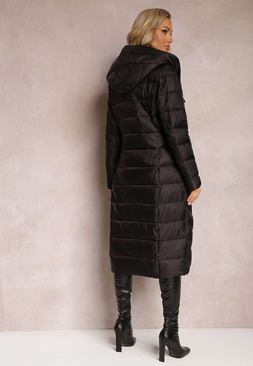 Czarna Długa Kurtka Płaszcz z Pikowaniem i Kapturem Tittonna