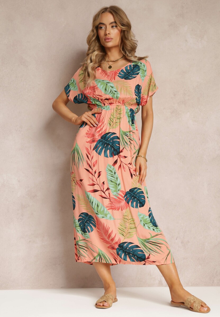 Różowa Sukienka z Wiskozy w Kwiaty i Gumką w Pasie Timnita