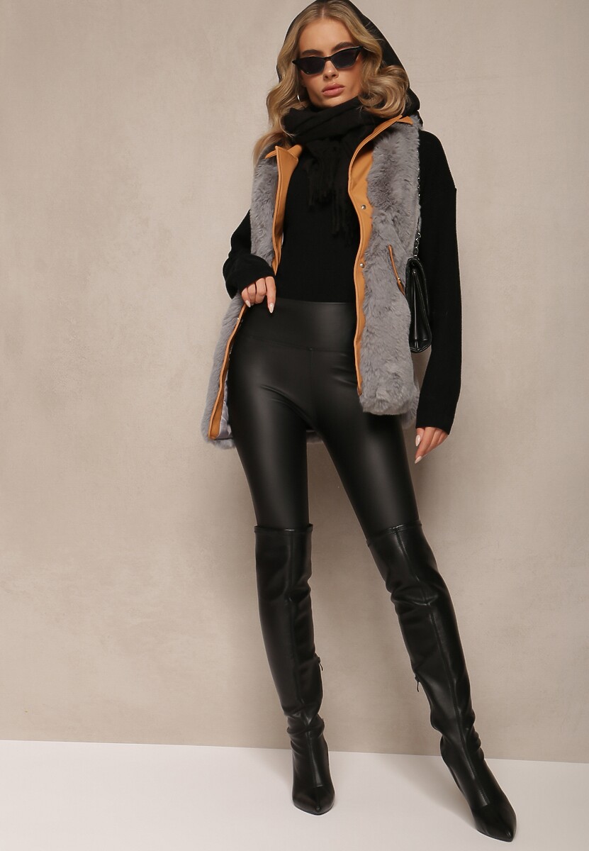 Szara Futrzana Kamizelka ze Wstawkami z Imitacji Skóry Plinia