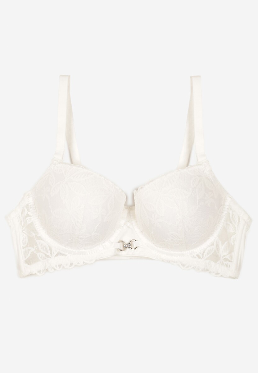 Biały Biustonosz Push Up Ozdobiony Koronką z Odpinanymi Ramiączkami z Regulacją Bilania