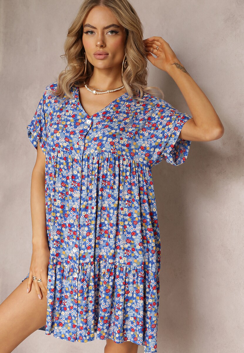 Niebieska Rozkloszowana Sukienka z Falbanką Passona