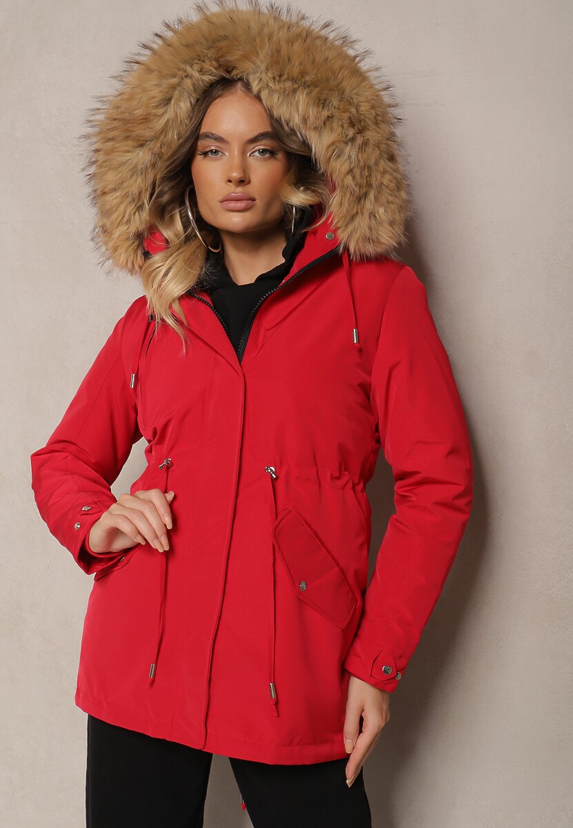 Ciemnozielona Kurtka Parka Mocno Ocieplana z Futerkiem przy Kapturze z Możliwością Odpięcia Sialthira