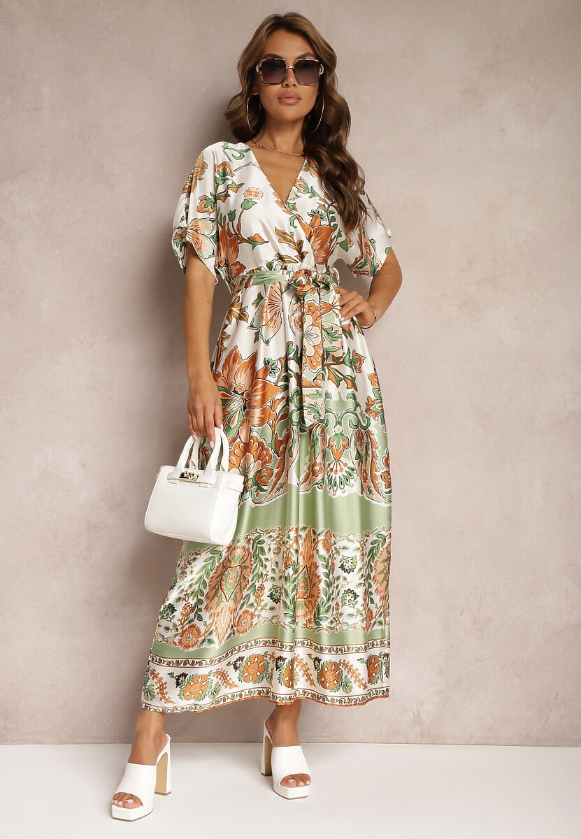 Zielona Kopertowa Sukienka Maxi z Gumką w Talii i Rozkloszowanym Dołem Jeanina