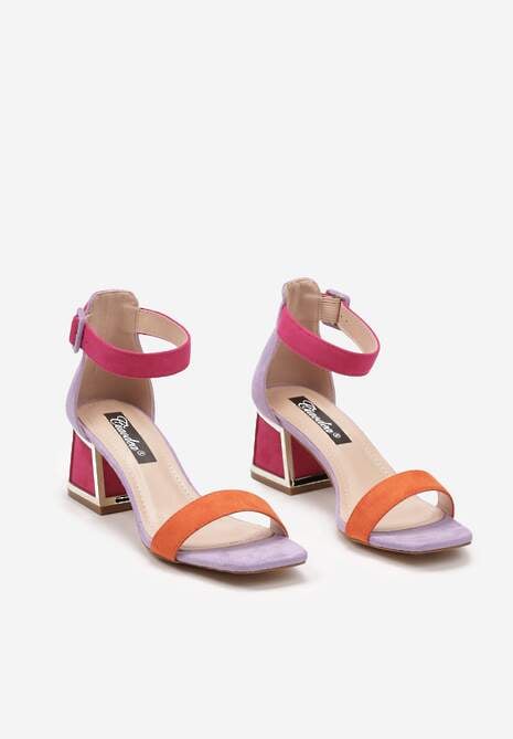 Pomarańczowo-Fioletowe Sandały z Metaliczną Wstawką na Słupku z Imitacji Zamszu Adlephia