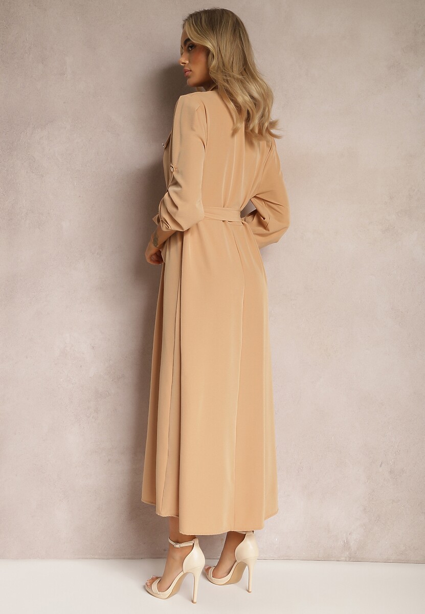 Beżowa Długa Sukienka z Rozkloszowanym Dołem i Koszulową Górą Kitesi