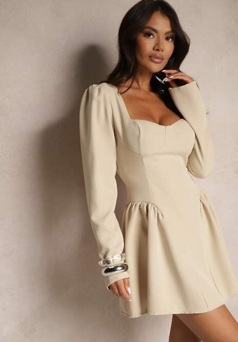 Beżowa Rozkloszowana Sukienka Koktajlowa z Gorsetową Górą i Falbankami Arisora