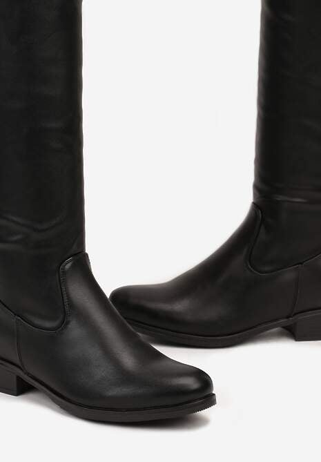 Czarne Dopasowane Kozaki Typu Muszkieterki z Długą Cholewką i Wiązanym Detalem Hanione