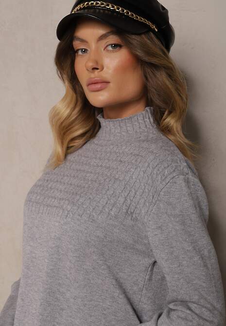 Szary Sweter Półgolf z Bawełną i Kieszenią z Przodu Emittes