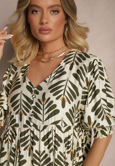 Zielona Sukienka z Wiskozą o Rozkloszowanym Kroju w Roślinny Wzór Heledis