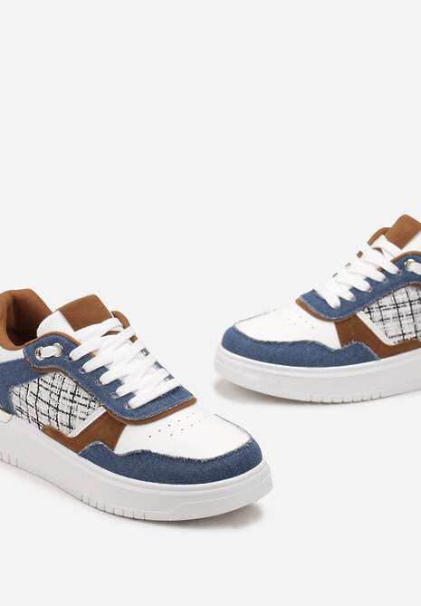 Granatowe Sneakersy Ozdobione Wstawką z Tweedowego Materiału Saini