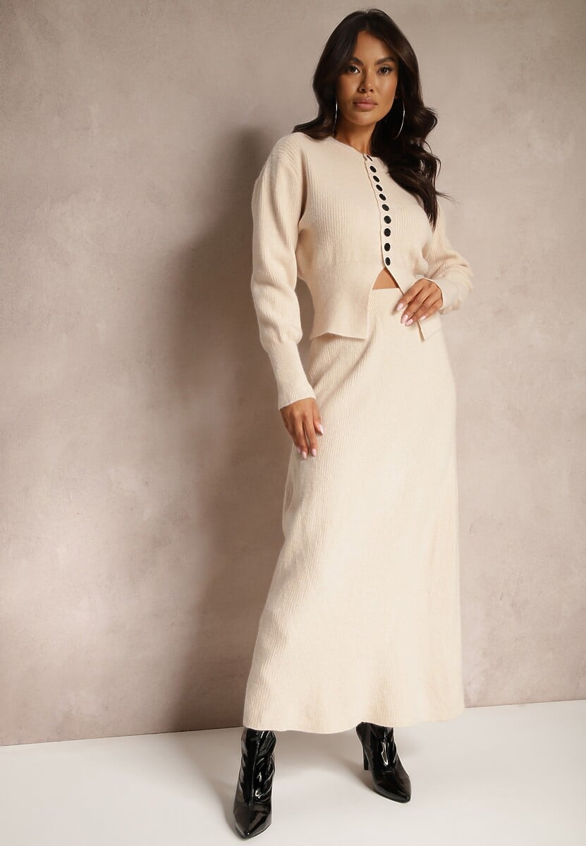 Ciemnoszary Komplet z Dzianiny z Wełną Kardigan z Guzikami i Spódnica z Gumką w Talii Melzina