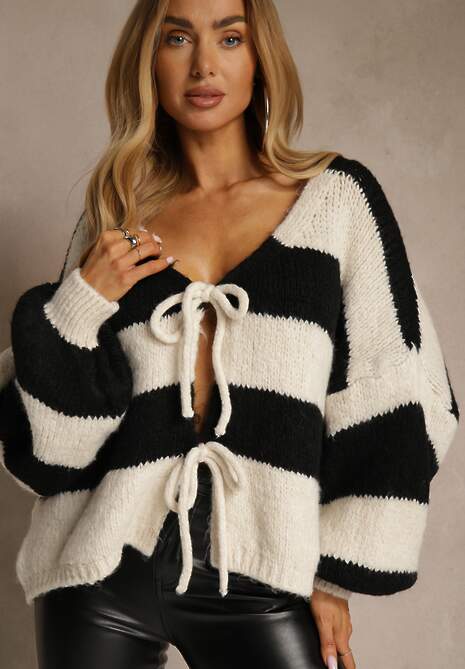 Czarny Oversizowy Kardigan w Paski z Wiązaniem z Domieszką Wełny i Wiskozy Retile