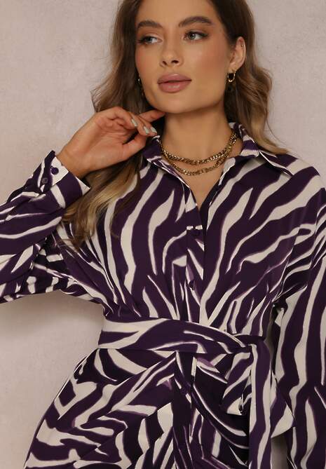 Ciemnofioletowa Sukienka Koszulowa w Zebrę Maimuna