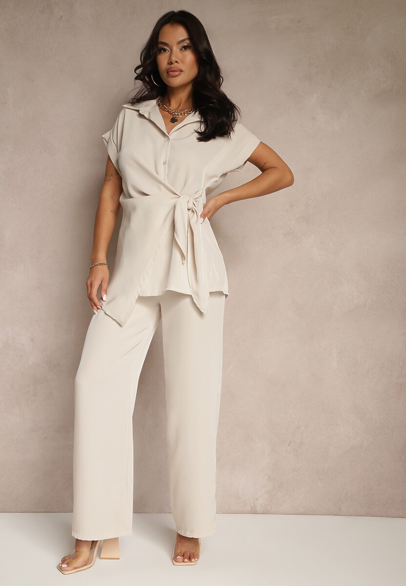 Beżowy Komplet ze Spodniami o Szerokim Kroju i Koszulą z Ozdobnym Wiązaniem Filaniella