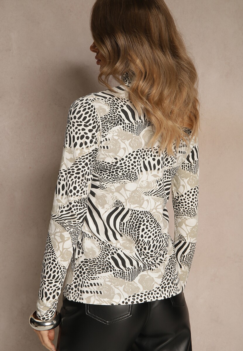 Jasnoszara Bluzka Longsleeve z Bawełny z Półgolfem i Panterkowym Printem Unalla