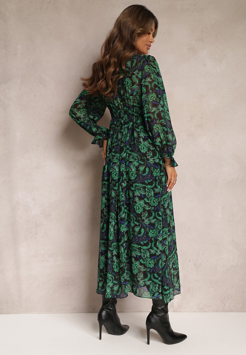 Zielono-Czarna Sukienka Maxi Rozkloszowana z Kopertowym Dekoltem Bramave