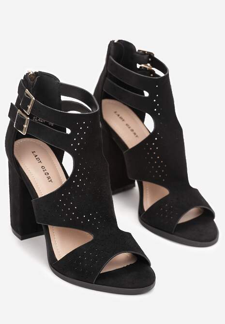 Czarne Sandały na Wysokim Słupku z Perforacją Meeyah