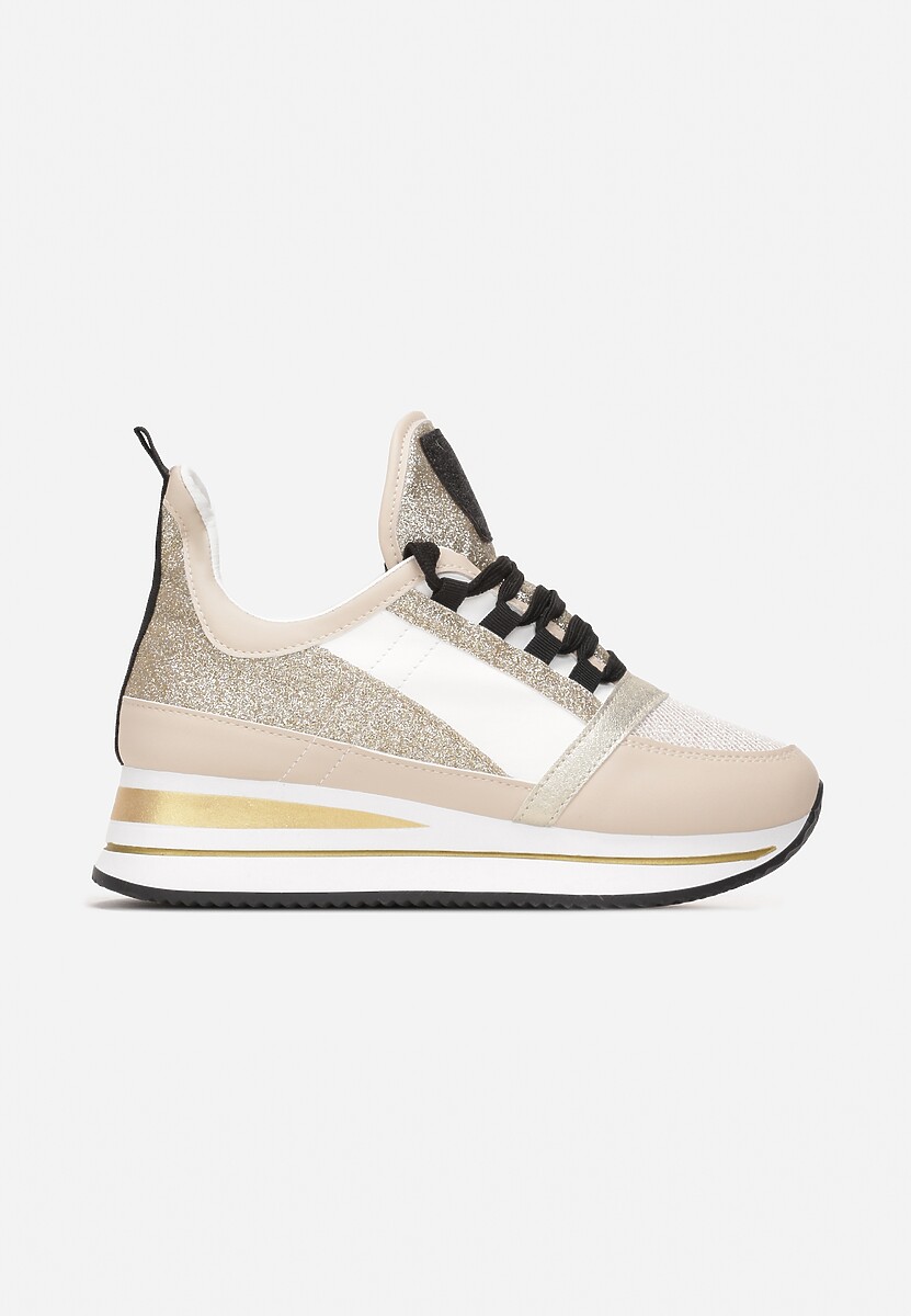 Beżowe Płaskie Sneakersy na Grubej Podeszwie ze Sznurowaniem Ozdobione Brokatem Krisfina