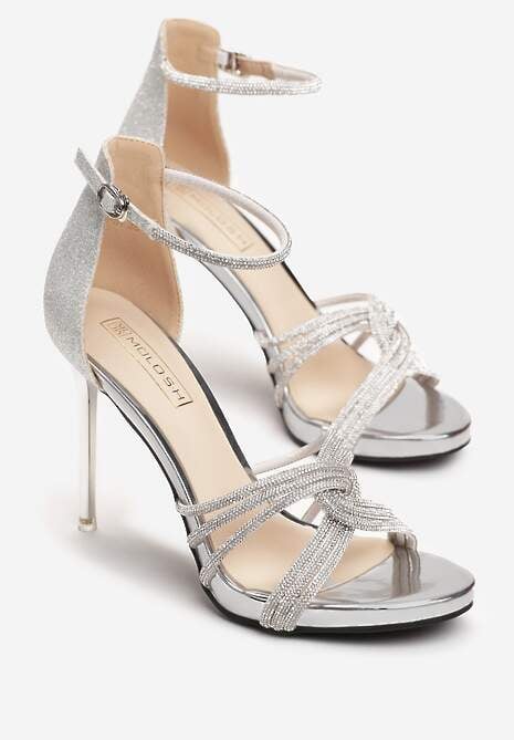 Srebrne Sandały z Paskami w Cyrkonie na Słupku Heletasia