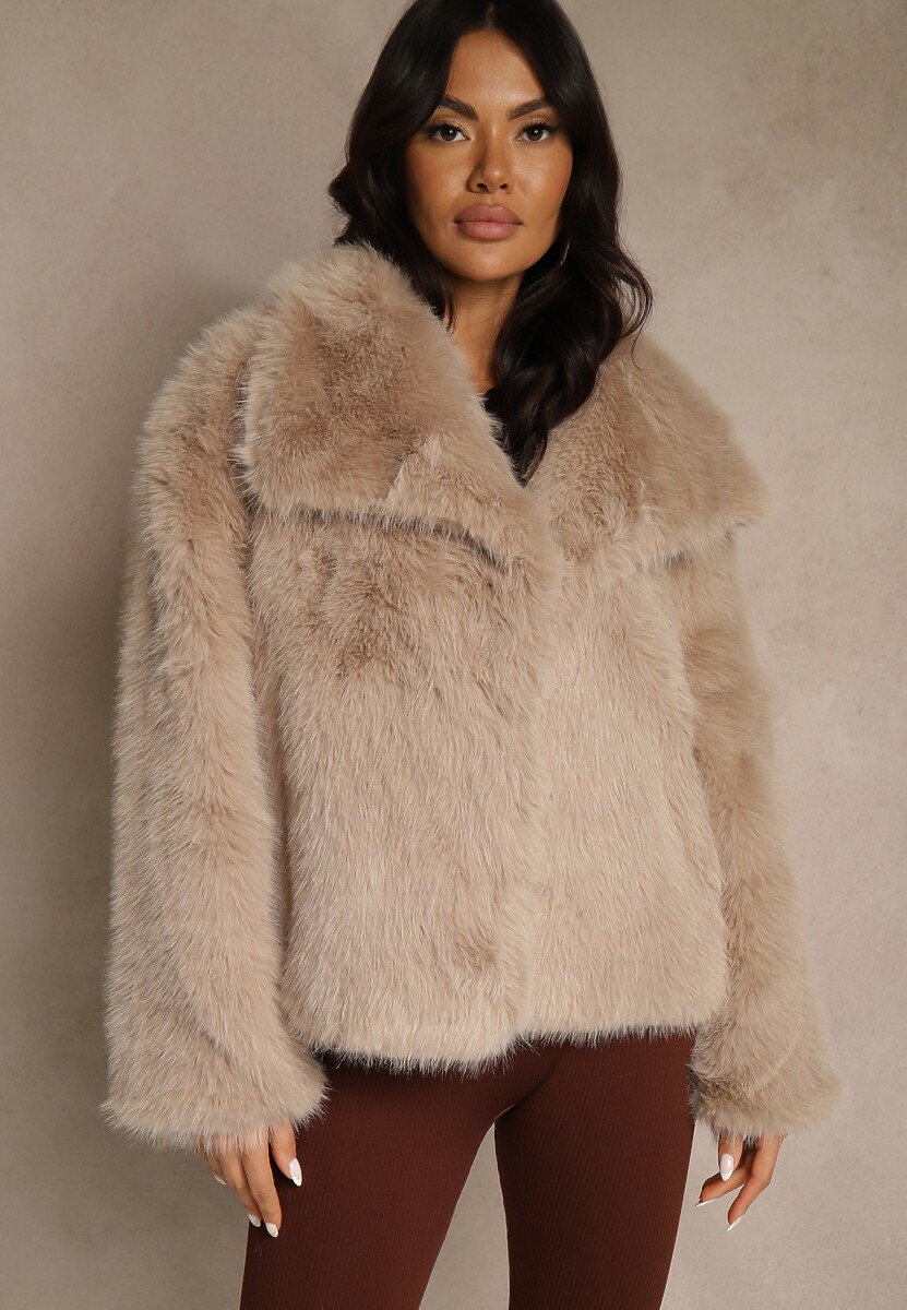 Brązowa Kurtka Futerko o Jednorzędowym Kroju z Szerokim Kołnierzem Dezile