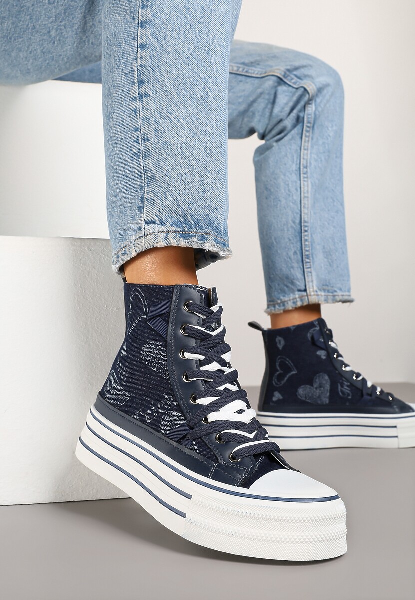 Granatowe Trampki na Platformie z Wysoką Cholewką i Wzorem Serc Aviriss