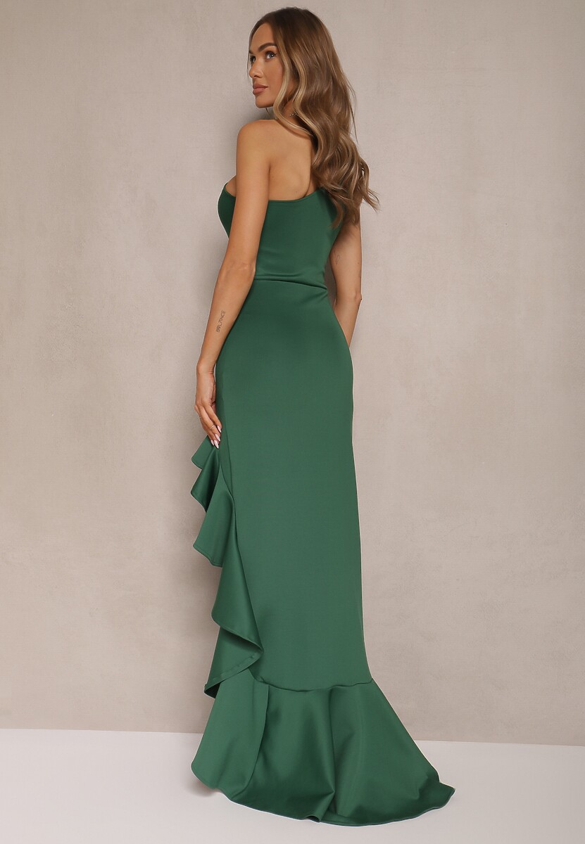 Zielona Sukienka na Ramię Ozdobiona Falbaną Lunivaria