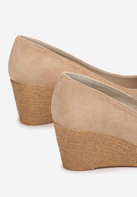 Ciemnobeżowe Czółenka Vices na Plecionym Koturnie ze Skórzaną Wkładką Ebersa