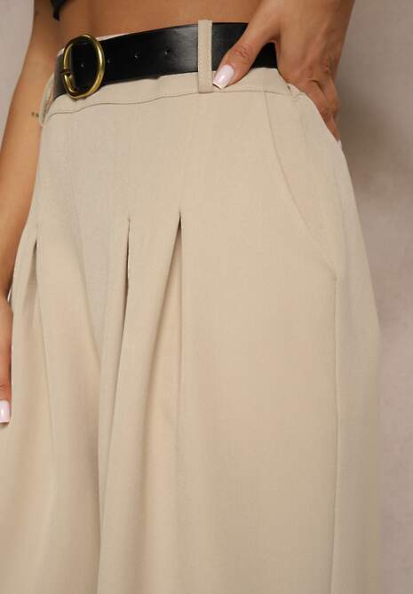 Beżowe Eleganckie Szerokie Spodnie Garniturowe z Wiskozą Ozdobione Paskiem Ravinae