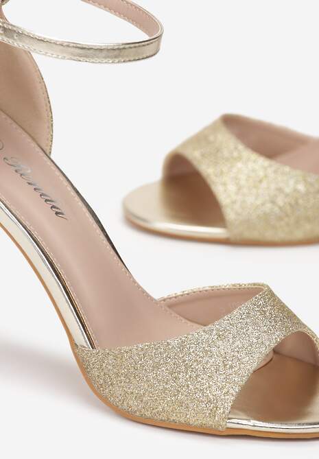 Złote Brokatowe Sandały Vices na Szpilce z Okrągłym Noskiem Katoria