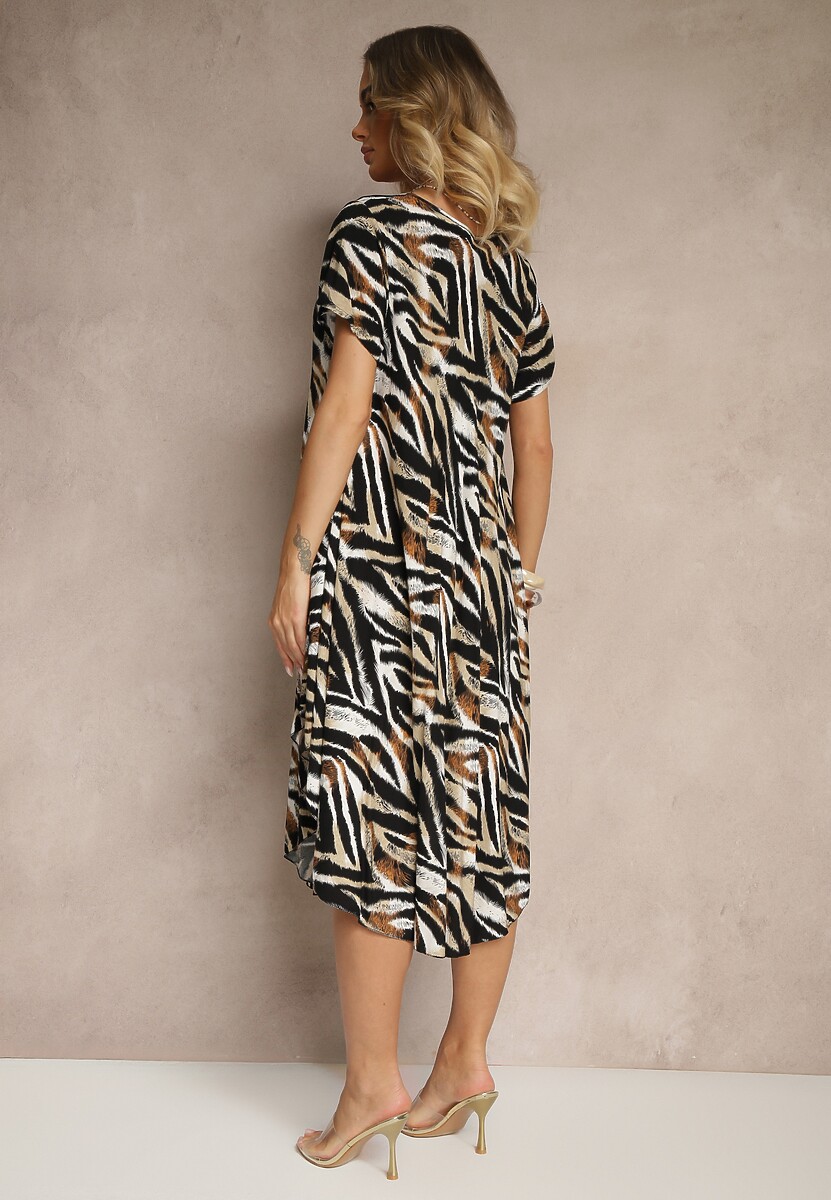 Beżowa Rozkloszowana Sukienka z Bawełny  z Dłuższym Tyłem Ronellea