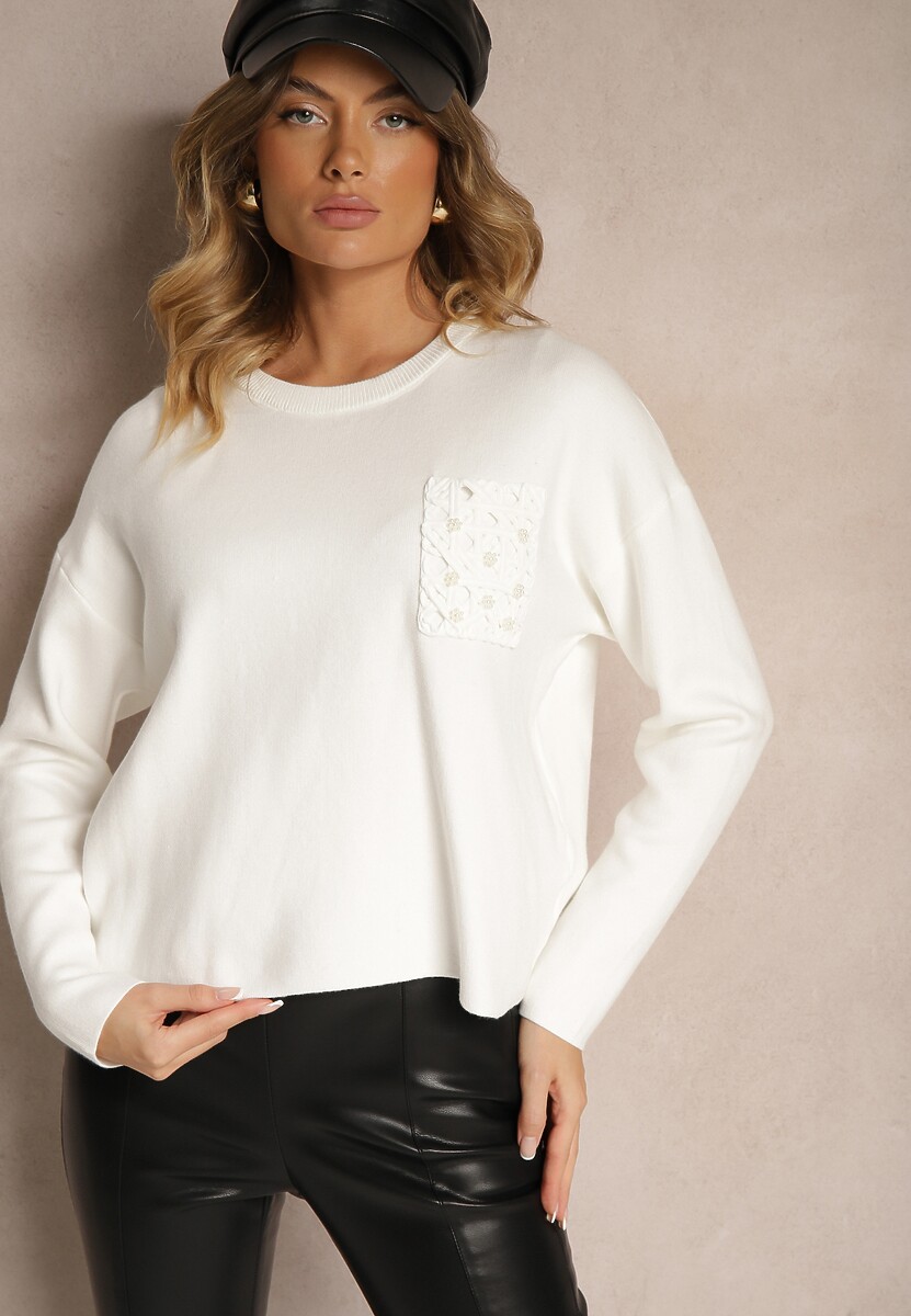 Czarny Pudełkowy Sweter Zdobiony Wzorzystą Kieszonką Zeanila