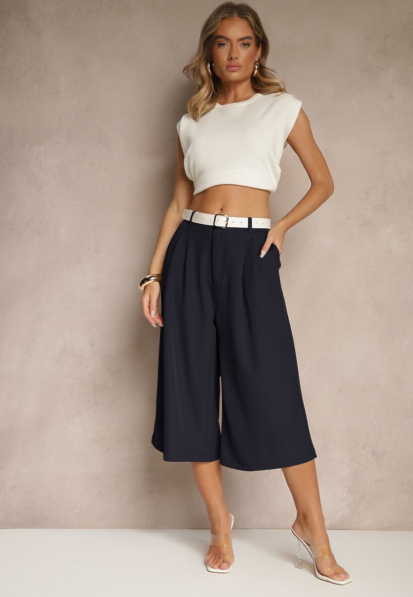 Granatowe Eleganckie Spodnie Typu Culottes Silunea