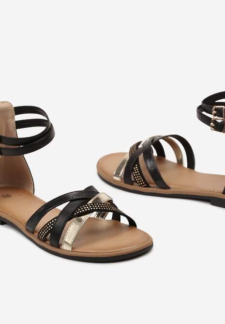 Czarne Płaskie Sandały z Podwójnym Paskiem Wokół Kostki Celadria