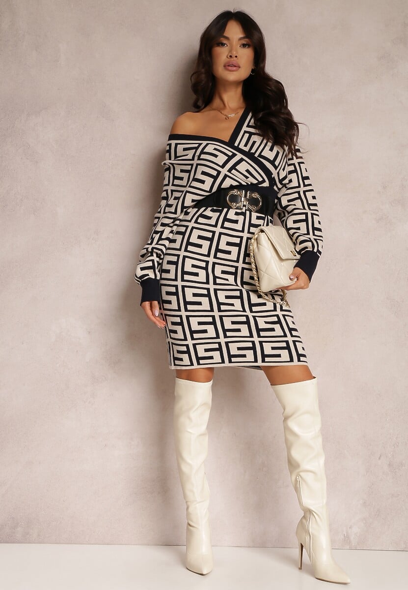 Biała Sukienka Wełniana w Geometryczny Wzór Hamu