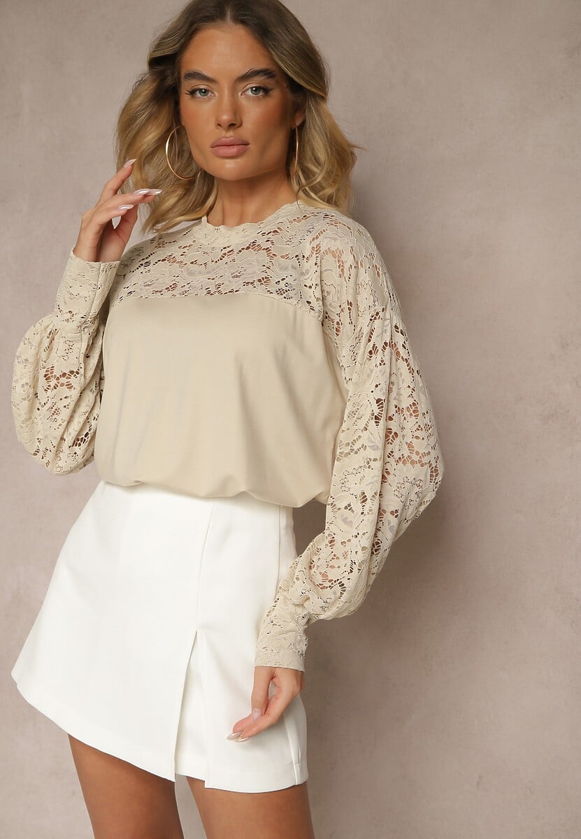 Beżowa Bluzka z Wiskozą z Koronką Eviriva