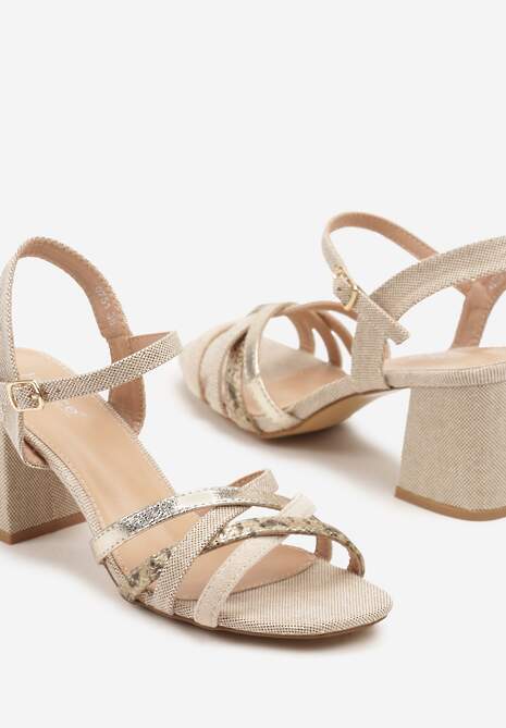 Beżowe Sandały na Słupkowym Obcasie z Ozdobnymi Paseczkami Telondra