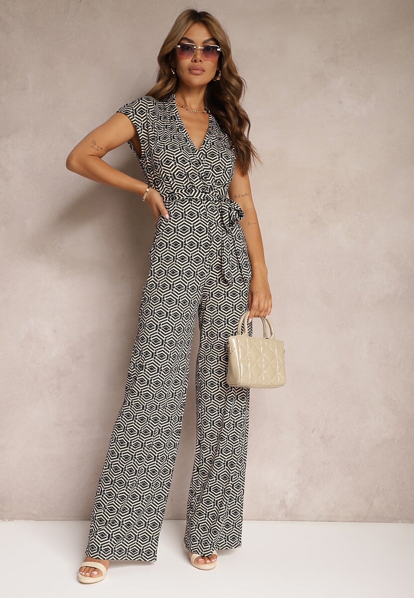 Czarno-Beżowy Kombinezon z Dodatkiem Wiskozy z Wiązaniem w Talii w Geometryczny Wzór Trosofia