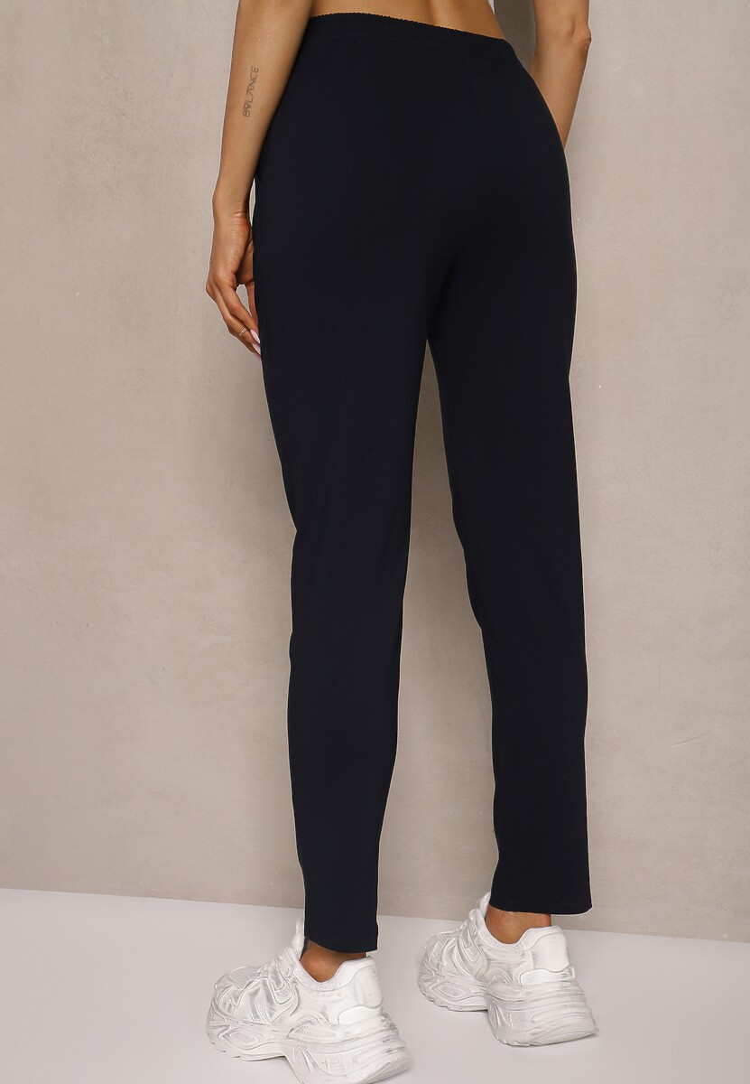 Granatowe Spodnie High Waist z Elastycznego Materiału Wykończone Gumką Rigadona