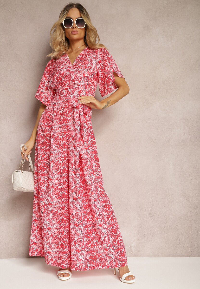 Czerwono-Różowy Kombinezon z Falbankami i Trójkątnym Dekoltem z Suwakiem z Tyłu Zintella