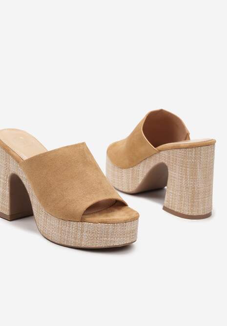 Brązowe Klapki na Platformie i Słupku z Szerokim Paskiem Blinna