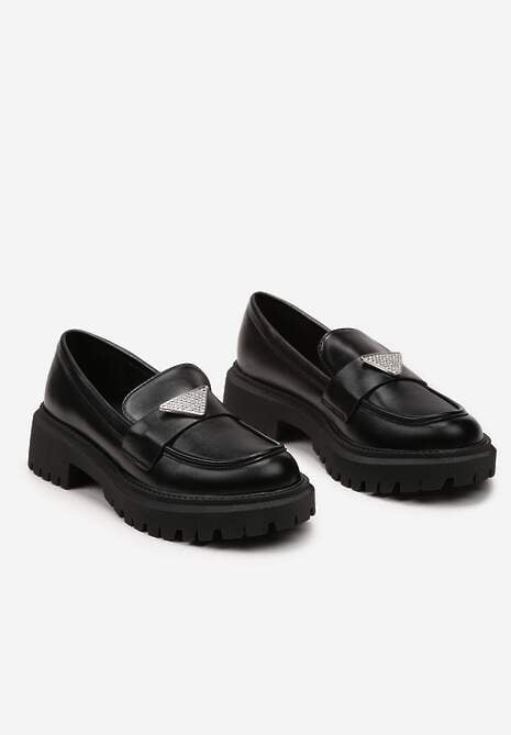 Czarne Mokasyny z Ekoskóry na Grubej Podeszwie z Klamrą z Cyrkoniami Azzelia