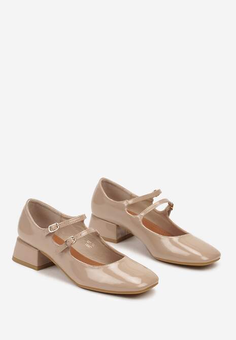 Ciemnobeżowe Lakierowane Czółenka na Niskim Słupku ze Sprzączkami Nevsha