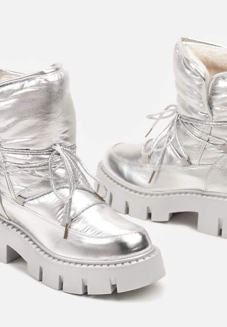 Srebrne Sznurowane Śniegowce na Platformie z Tłoczeniem Ozdobione Metaliczną Nicią Batirae