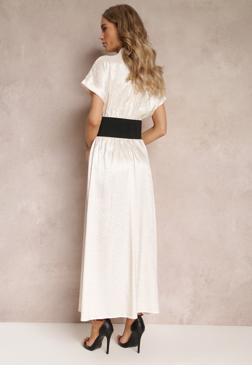 Beżowa Rozkloszowana Sukienka Maxi z Krótkim Rękawem i Elastycznym Paskiem Cruelli