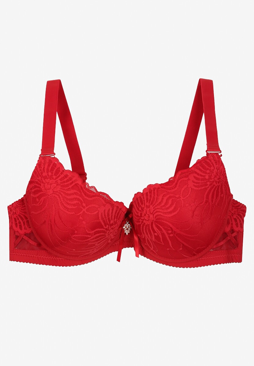 Czerwony Koronkowy Biustonosz o Kroju Full Cup z Ozdobną Kokardką Doriri